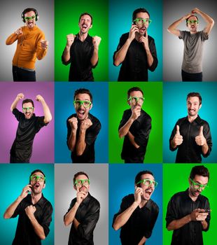 set of men with different expressions  on colorful backgrounds