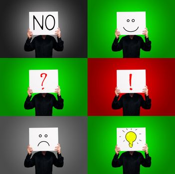 set of man holding boards with signs and symbols on colorful backgrounds