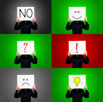 set of man holding boards with signs and symbols on colorful backgrounds