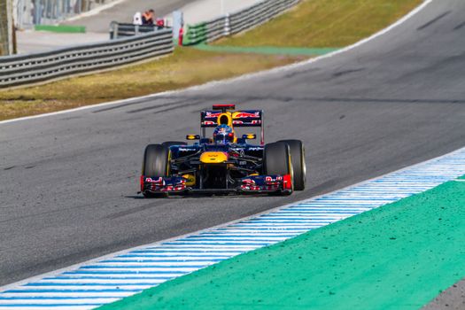 JEREZ DE LA FRONTERA, SPAIN - FEB 10: Sebastian Vettel of Red Bull F1 races on training session on February 10 , 2012, in Jerez de la Frontera , Spain