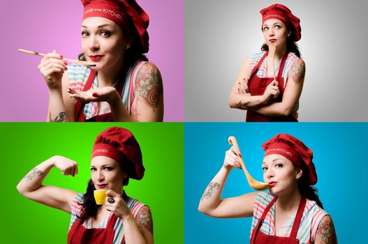 set of pinup cook girl on colorful background