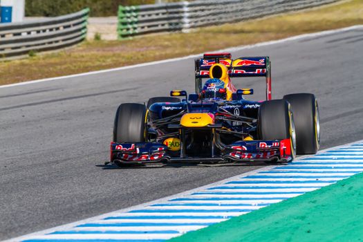 JEREZ DE LA FRONTERA, SPAIN - FEB 10: Sebastian Vettel of Red Bull F1 races on training session on February 10 , 2012, in Jerez de la Frontera , Spain