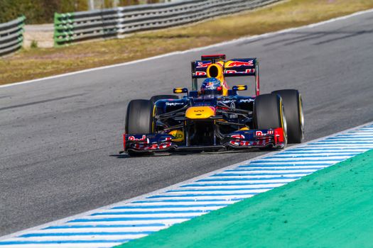 JEREZ DE LA FRONTERA, SPAIN - FEB 10: Sebastian Vettel of Red Bull F1 races on training session on February 10 , 2012, in Jerez de la Frontera , Spain