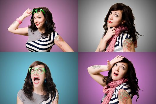 set of pinup tattooed girl wth different expressions on colorful backgrounds