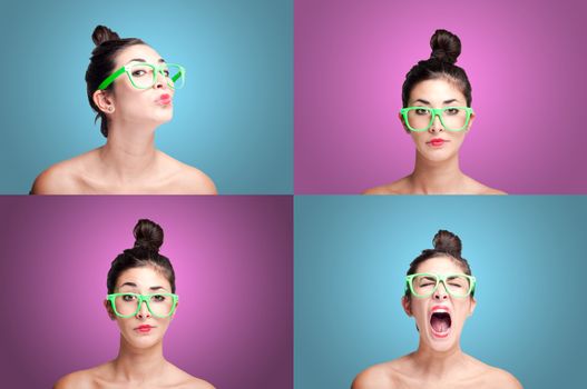 set of girl with different expressions isolated on colorful backgrounds