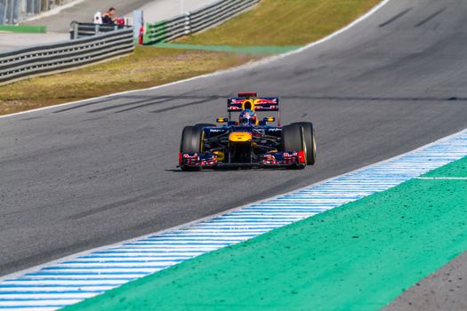 JEREZ DE LA FRONTERA, SPAIN - FEB 10: Sebastian Vettel of Red Bull F1 races on training session on February 10 , 2012, in Jerez de la Frontera , Spain