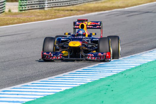 JEREZ DE LA FRONTERA, SPAIN - FEB 10: Sebastian Vettel of Red Bull F1 races on training session on February 10 , 2012, in Jerez de la Frontera , Spain