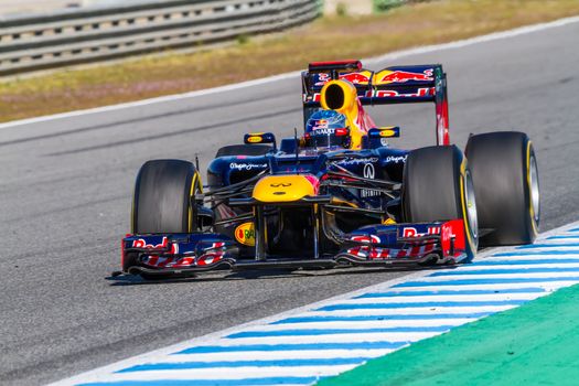 JEREZ DE LA FRONTERA, SPAIN - FEB 10: Sebastian Vettel of Red Bull F1 races on training session on February 10 , 2012, in Jerez de la Frontera , Spain