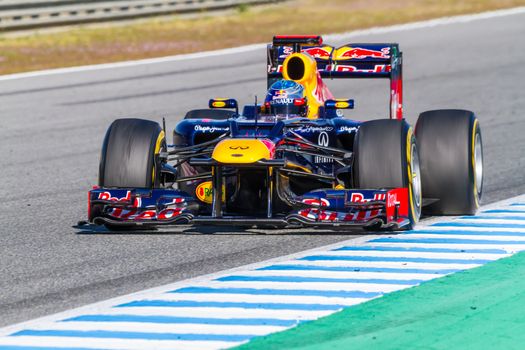 JEREZ DE LA FRONTERA, SPAIN - FEB 10: Sebastian Vettel of Red Bull F1 races on training session on February 10 , 2012, in Jerez de la Frontera , Spain
