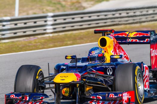 JEREZ DE LA FRONTERA, SPAIN - FEB 10: Sebastian Vettel of Red Bull F1 races on training session on February 10 , 2012, in Jerez de la Frontera , Spain