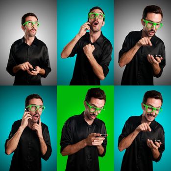 set of man with black shirt on the phone on colorful background