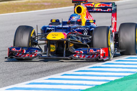 JEREZ DE LA FRONTERA, SPAIN - FEB 10: Sebastian Vettel of Red Bull F1 races on training session on February 10 , 2012, in Jerez de la Frontera , Spain
