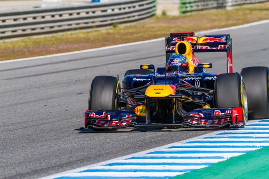 JEREZ DE LA FRONTERA, SPAIN - FEB 10: Sebastian Vettel of Red Bull F1 races on training session on February 10 , 2012, in Jerez de la Frontera , Spain