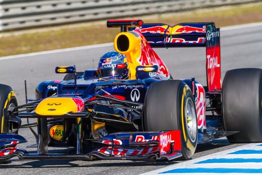 JEREZ DE LA FRONTERA, SPAIN - FEB 10: Sebastian Vettel of Red Bull F1 races on training session on February 10 , 2012, in Jerez de la Frontera , Spain