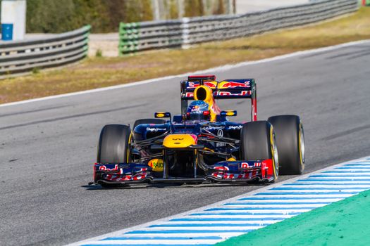 JEREZ DE LA FRONTERA, SPAIN - FEB 10: Sebastian Vettel of Red Bull F1 races on training session on February 10 , 2012, in Jerez de la Frontera , Spain