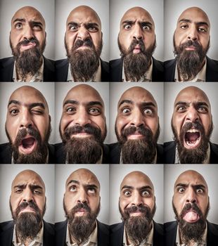 set of bearded man expressions on grey background