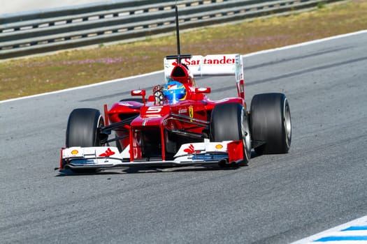 JEREZ DE LA FRONTERA, SPAIN - FEB 10: Fernando Alonso of Scuderia Ferrari F1 races on training session on February 10 , 2012, in Jerez de la Frontera , Spain