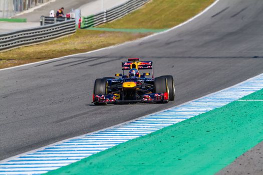 JEREZ DE LA FRONTERA, SPAIN - FEB 10: Sebastian Vettel of Red Bull F1 races on training session on February 10 , 2012, in Jerez de la Frontera , Spain