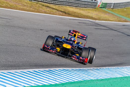 JEREZ DE LA FRONTERA, SPAIN - FEB 10: Sebastian Vettel of Red Bull F1 races on training session on February 10 , 2012, in Jerez de la Frontera , Spain