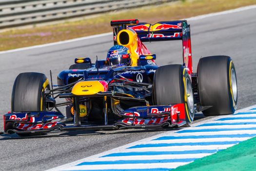 JEREZ DE LA FRONTERA, SPAIN - FEB 10: Sebastian Vettel of Red Bull F1 races on training session on February 10 , 2012, in Jerez de la Frontera , Spain