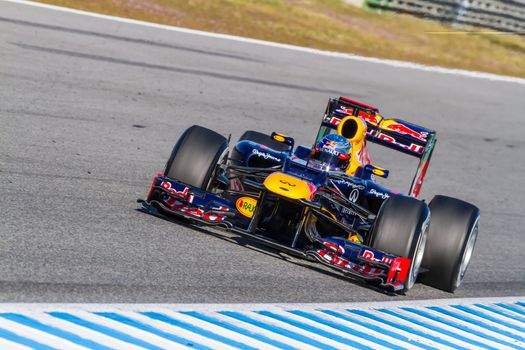 JEREZ DE LA FRONTERA, SPAIN - FEB 10: Sebastian Vettel of Red Bull F1 races on training session on February 10 , 2012, in Jerez de la Frontera , Spain