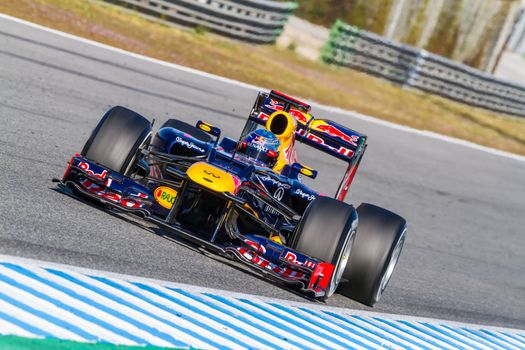 JEREZ DE LA FRONTERA, SPAIN - FEB 10: Sebastian Vettel of Red Bull F1 races on training session on February 10 , 2012, in Jerez de la Frontera , Spain