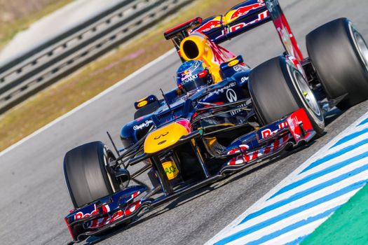 JEREZ DE LA FRONTERA, SPAIN - FEB 10: Sebastian Vettel of Red Bull F1 races on training session on February 10 , 2012, in Jerez de la Frontera , Spain