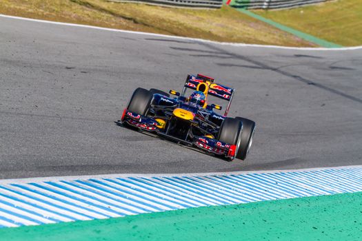 JEREZ DE LA FRONTERA, SPAIN - FEB 10: Sebastian Vettel of Red Bull F1 races on training session on February 10 , 2012, in Jerez de la Frontera , Spain