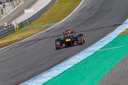 JEREZ DE LA FRONTERA, SPAIN - FEB 10: Sebastian Vettel of Red Bull F1 races on training session on February 10 , 2012, in Jerez de la Frontera , Spain
