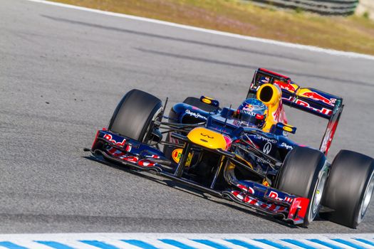 JEREZ DE LA FRONTERA, SPAIN - FEB 10: Sebastian Vettel of Red Bull F1 races on training session on February 10 , 2012, in Jerez de la Frontera , Spain
