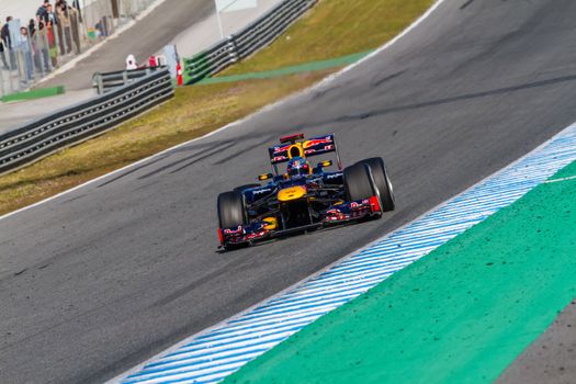 JEREZ DE LA FRONTERA, SPAIN - FEB 10: Sebastian Vettel of Red Bull F1 races on training session on February 10 , 2012, in Jerez de la Frontera , Spain