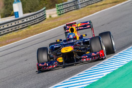 JEREZ DE LA FRONTERA, SPAIN - FEB 10: Sebastian Vettel of Red Bull F1 races on training session on February 10 , 2012, in Jerez de la Frontera , Spain
