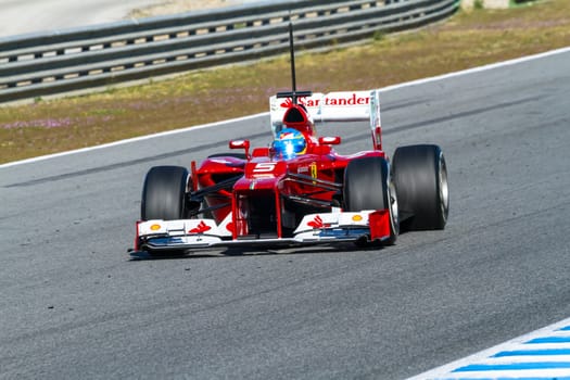 JEREZ DE LA FRONTERA, SPAIN - FEB 10: Fernando Alonso of Scuderia Ferrari F1 races on training session on February 10 , 2012, in Jerez de la Frontera , Spain