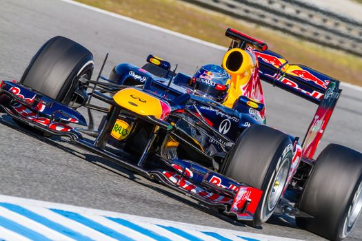 JEREZ DE LA FRONTERA, SPAIN - FEB 10: Sebastian Vettel of Red Bull F1 races on training session on February 10 , 2012, in Jerez de la Frontera , Spain