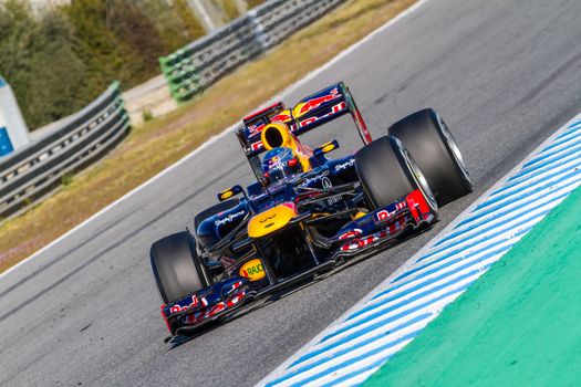 JEREZ DE LA FRONTERA, SPAIN - FEB 10: Sebastian Vettel of Red Bull F1 races on training session on February 10 , 2012, in Jerez de la Frontera , Spain