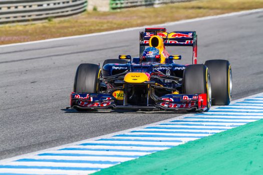JEREZ DE LA FRONTERA, SPAIN - FEB 10: Sebastian Vettel of Red Bull F1 races on training session on February 10 , 2012, in Jerez de la Frontera , Spain