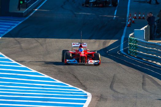 JEREZ DE LA FRONTERA, SPAIN - FEB 10: Fernando Alonso of Scuderia Ferrari F1 leaving the pit on training session on February 10 , 2012, in Jerez de la Frontera , Spain