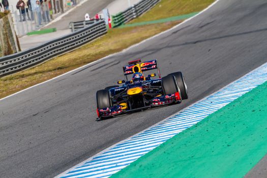 JEREZ DE LA FRONTERA, SPAIN - FEB 10: Sebastian Vettel of Red Bull F1 races on training session on February 10 , 2012, in Jerez de la Frontera , Spain