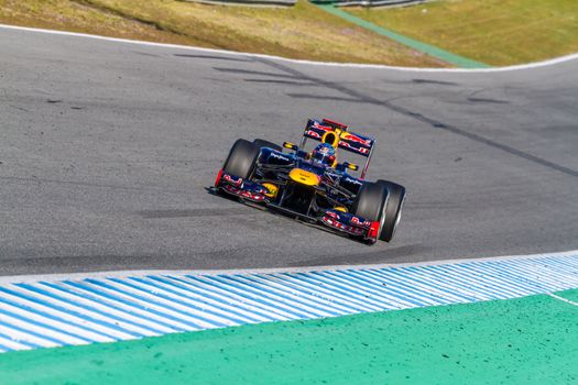 JEREZ DE LA FRONTERA, SPAIN - FEB 10: Sebastian Vettel of Red Bull F1 races on training session on February 10 , 2012, in Jerez de la Frontera , Spain
