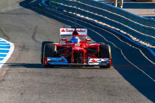 JEREZ DE LA FRONTERA, SPAIN - FEB 10: Fernando Alonso of Scuderia Ferrari F1 leaving the pit on training session on February 10 , 2012, in Jerez de la Frontera , Spain