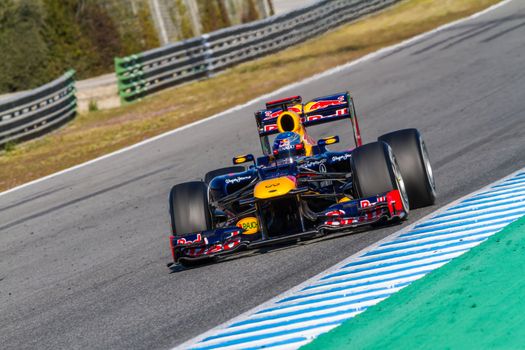 JEREZ DE LA FRONTERA, SPAIN - FEB 10: Sebastian Vettel of Red Bull F1 races on training session on February 10 , 2012, in Jerez de la Frontera , Spain