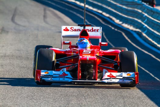 JEREZ DE LA FRONTERA, SPAIN - FEB 10: Fernando Alonso of Scuderia Ferrari F1 leaving the pit on training session on February 10 , 2012, in Jerez de la Frontera , Spain