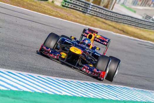 JEREZ DE LA FRONTERA, SPAIN - FEB 10: Sebastian Vettel of Red Bull F1 races on training session on February 10 , 2012, in Jerez de la Frontera , Spain
