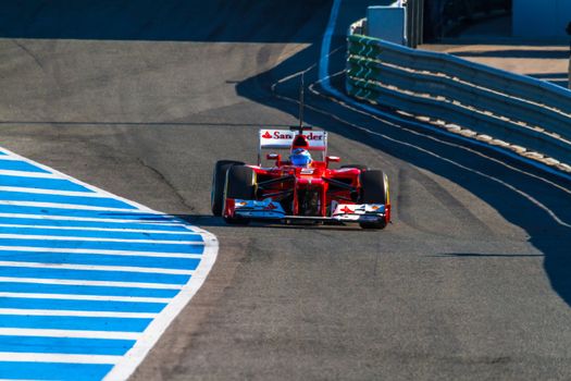 JEREZ DE LA FRONTERA, SPAIN - FEB 10: Fernando Alonso of Scuderia Ferrari F1 leaving the pit on training session on February 10 , 2012, in Jerez de la Frontera , Spain