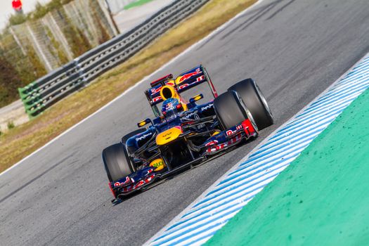JEREZ DE LA FRONTERA, SPAIN - FEB 10: Sebastian Vettel of Red Bull F1 races on training session on February 10 , 2012, in Jerez de la Frontera , Spain