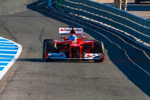 JEREZ DE LA FRONTERA, SPAIN - FEB 10: Fernando Alonso of Scuderia Ferrari F1 leaving the pit on training session on February 10 , 2012, in Jerez de la Frontera , Spain