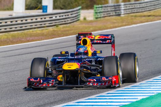JEREZ DE LA FRONTERA, SPAIN - FEB 10: Sebastian Vettel of Red Bull F1 races on training session on February 10 , 2012, in Jerez de la Frontera , Spain