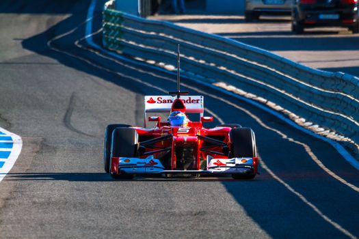 JEREZ DE LA FRONTERA, SPAIN - FEB 10: Fernando Alonso of Scuderia Ferrari F1 leaving the pit on training session on February 10 , 2012, in Jerez de la Frontera , Spain