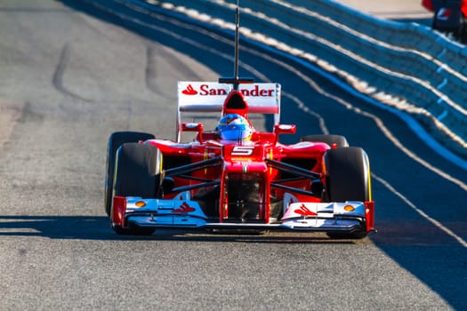 JEREZ DE LA FRONTERA, SPAIN - FEB 10: Fernando Alonso of Scuderia Ferrari F1 leaving the pit on training session on February 10 , 2012, in Jerez de la Frontera , Spain