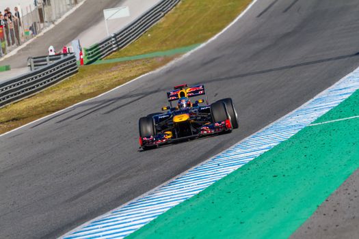 JEREZ DE LA FRONTERA, SPAIN - FEB 10: Sebastian Vettel of Red Bull F1 races on training session on February 10 , 2012, in Jerez de la Frontera , Spain